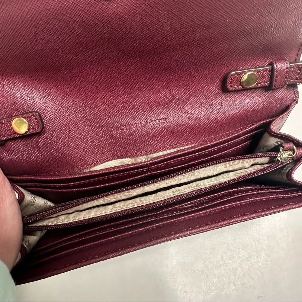 Michael Kors Saffiano Leather Chain Wallet Crossbody Burgundy
